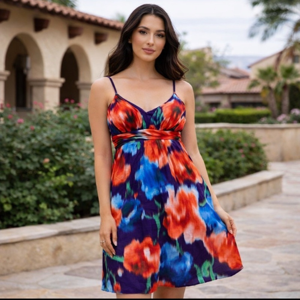 Bebe Women 90s Y2K Boho Multicolor Babydoll Mini Dress Silk Blend Small